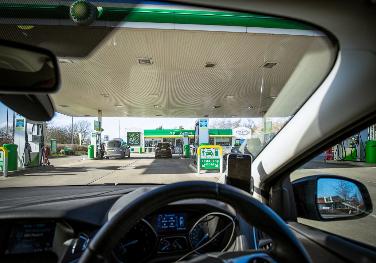 view from car at petrol station