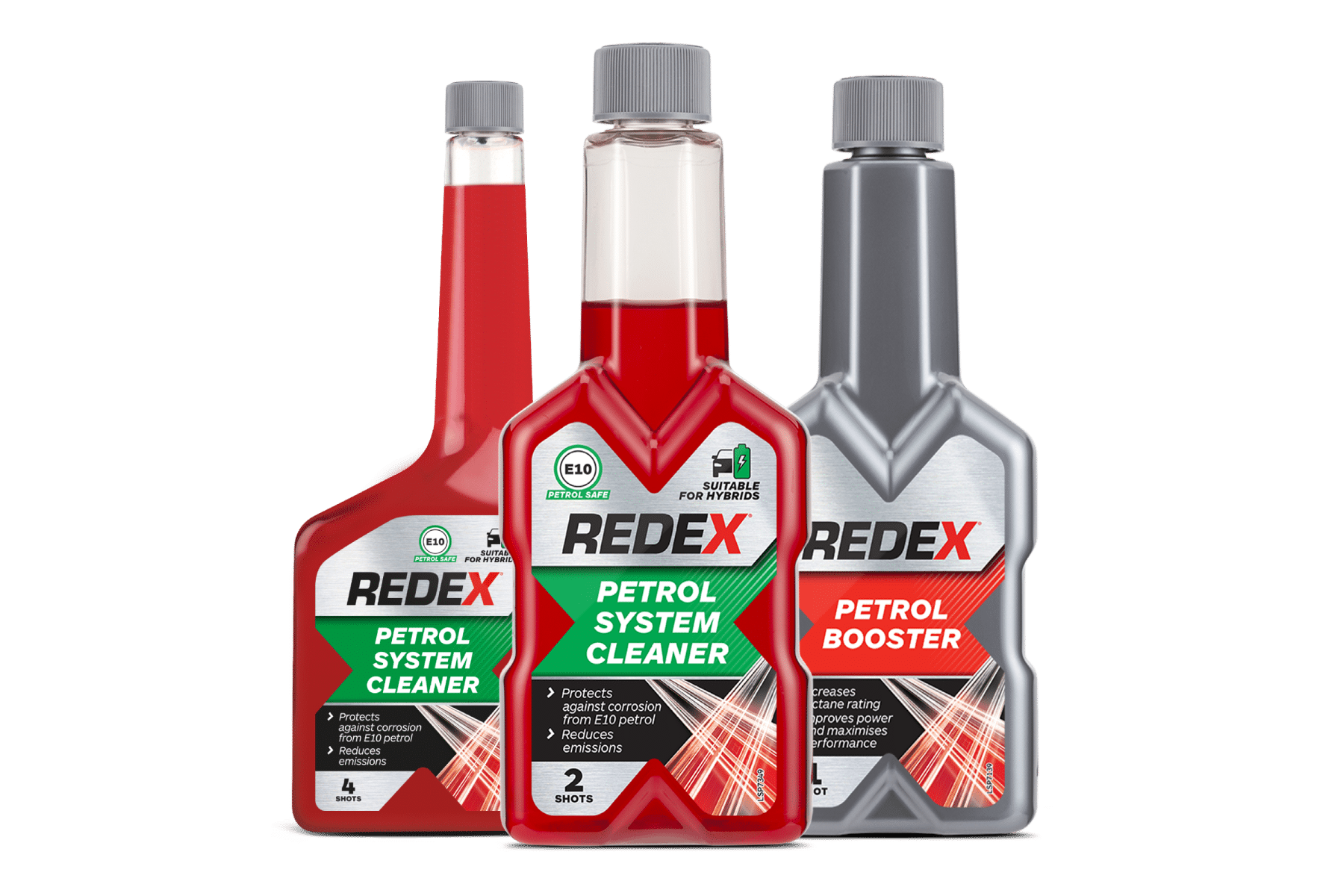 Redex Petrol system clean (4 shots), Redex Petrol system clean (2 shots) and Redex petrol booster bunched together